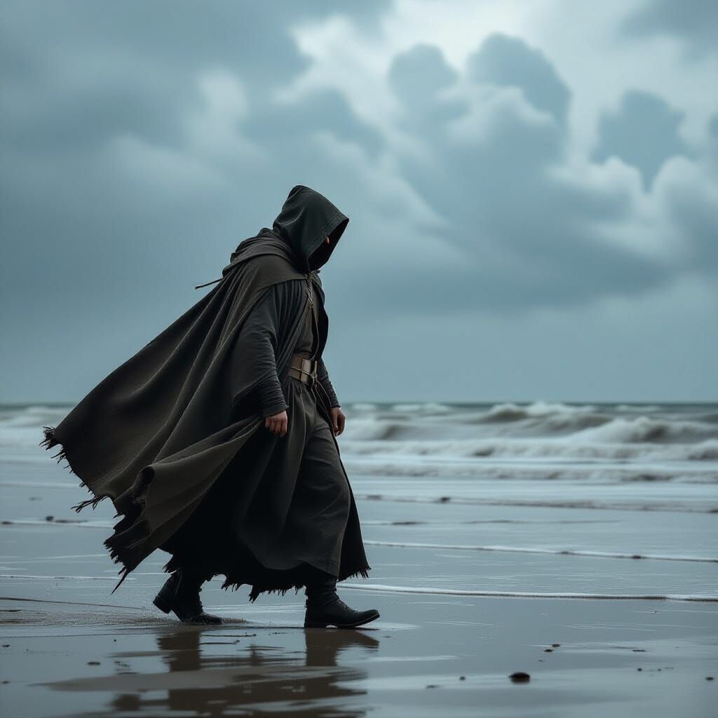 Medieval Time Traveler in Stormy Landscape