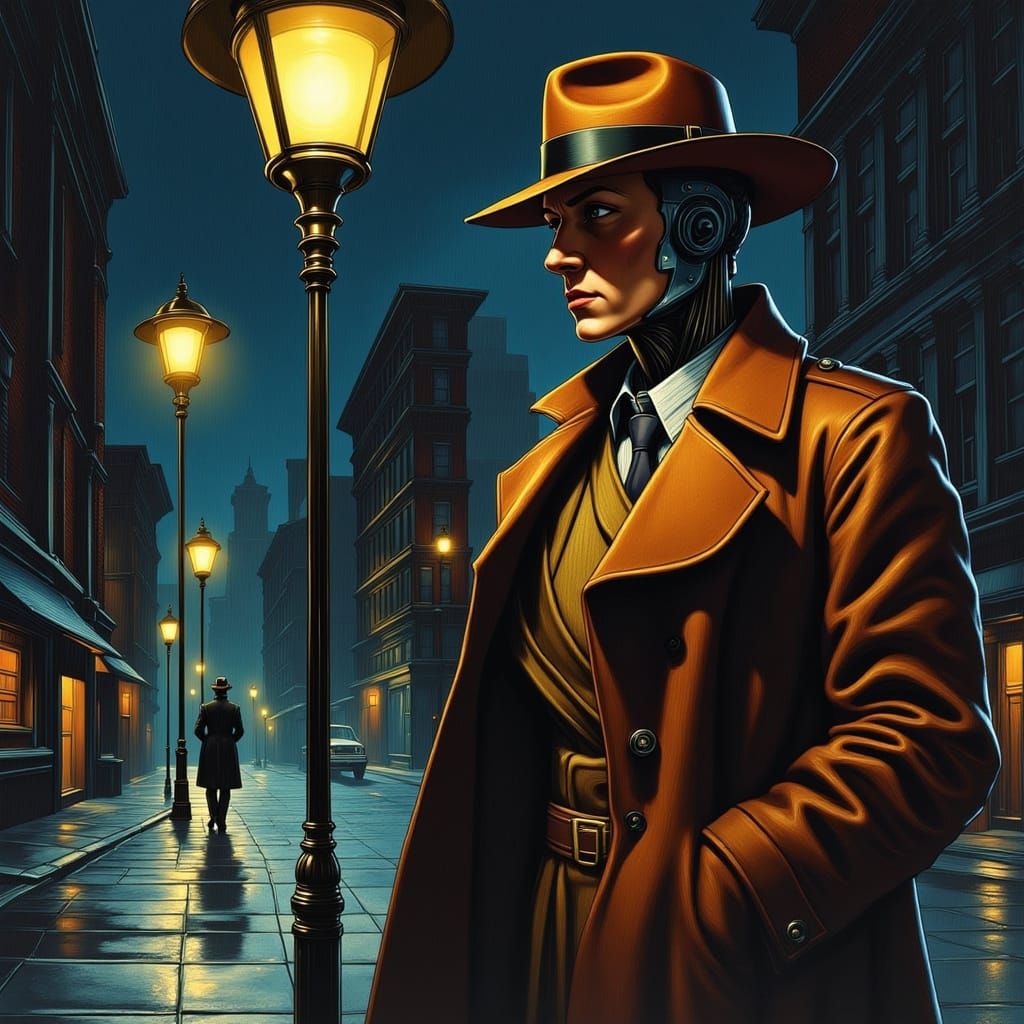 1940s Robot Detective in Film Noir Style