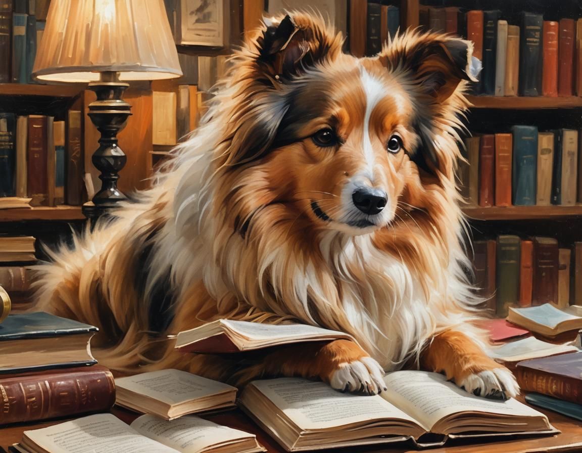 Sheltie Reading Book in Library as Oil Painting