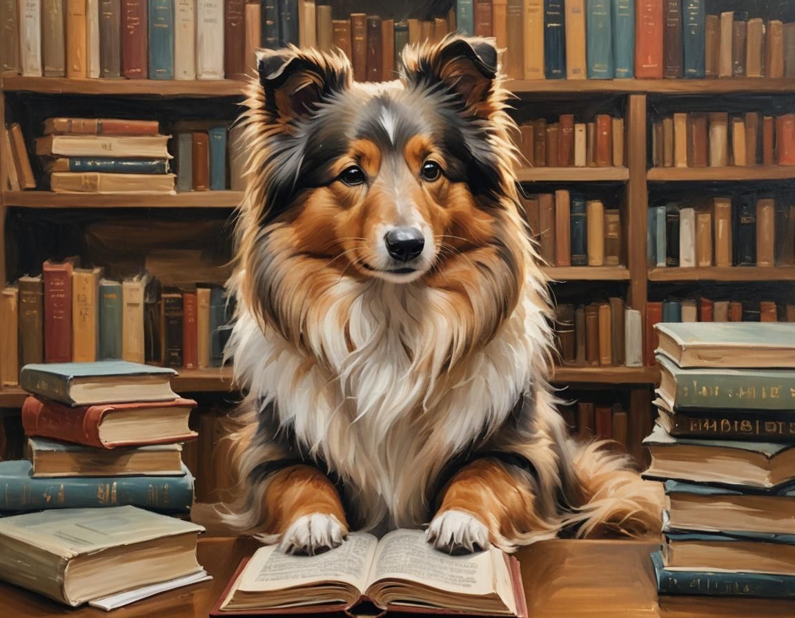 Sheltie Reading Book in Library Oil Painting