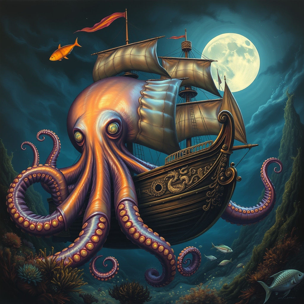 Giant Octopus Attacks Galleon Ship in Surreal Style