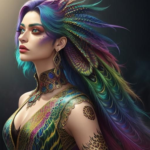 Rainbow Dragon Woman with Peacock Hair: Digital Art