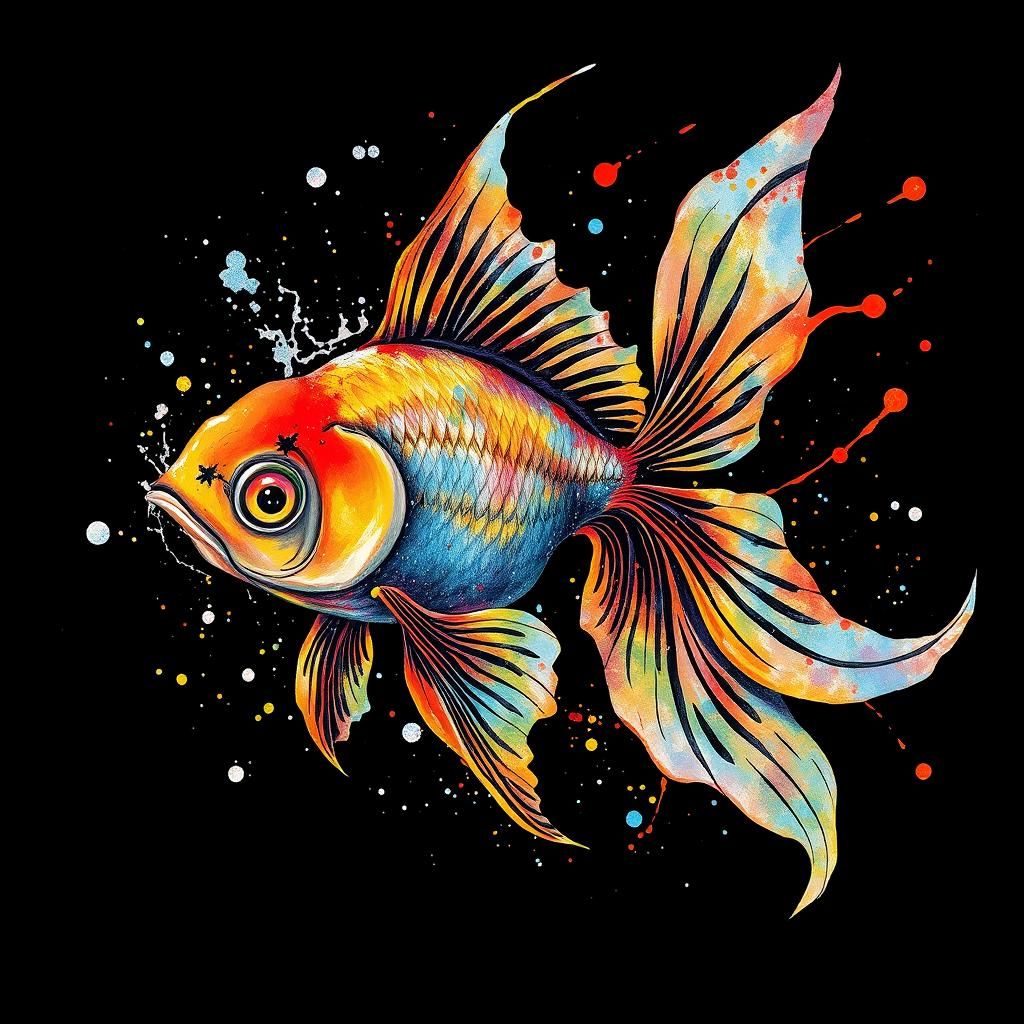 Iridescent Goldfish in Watercolor and Ink Splatter