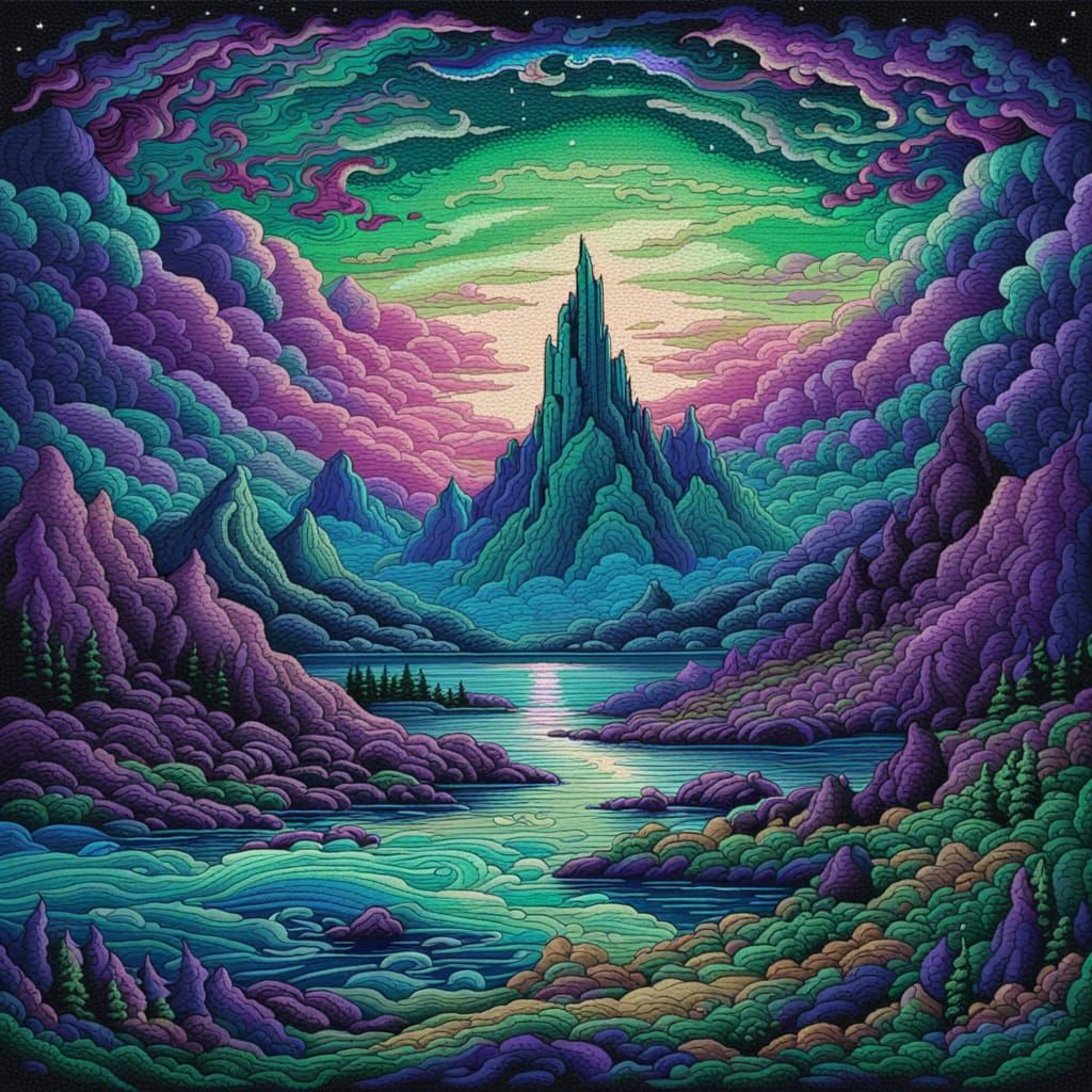 Arctic Aurora in Surreal Cross-Stitch Style