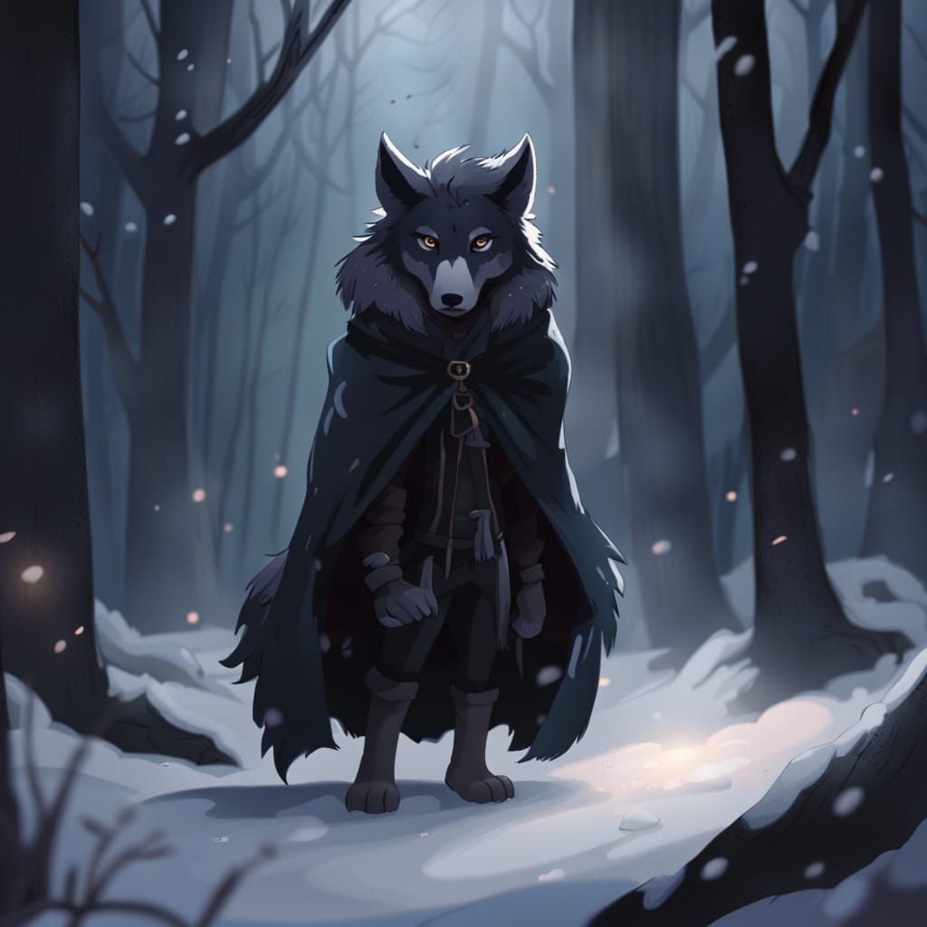 Young Anthro Wolf Alone in Snowy Forest