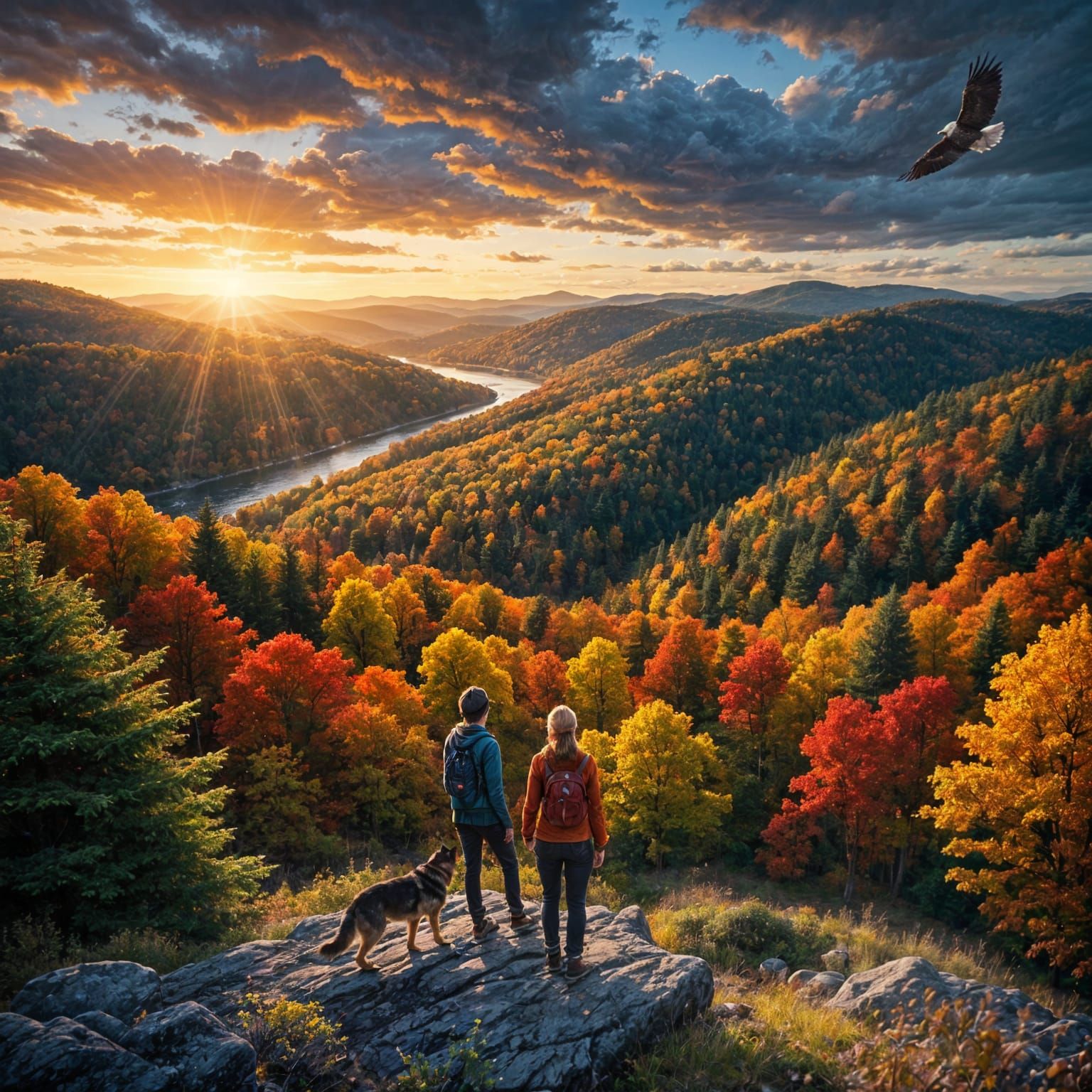 Hikers Admire Autumn Forest View From Mountain