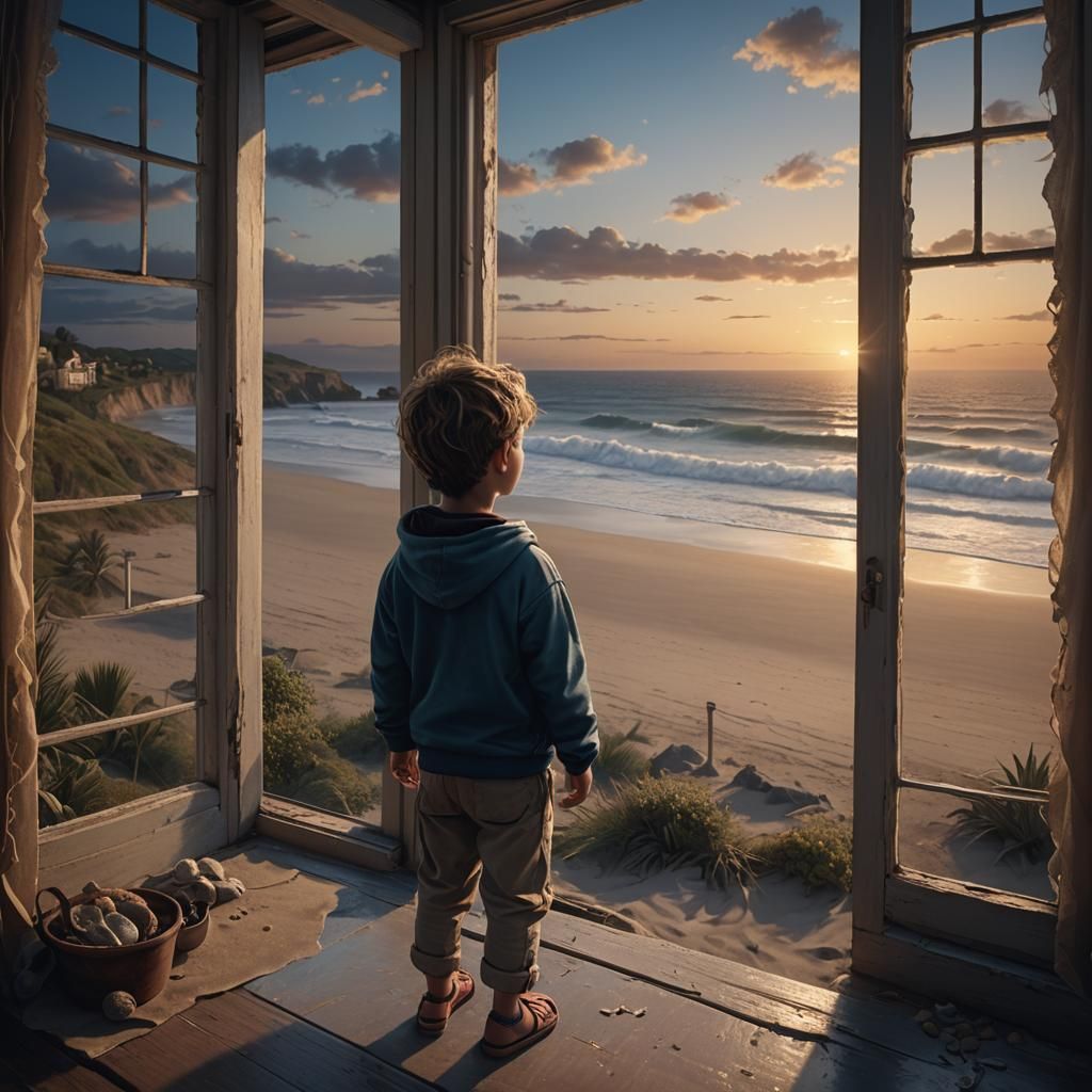 Child Gazing at Twilight Beach: Digital Matte Painting