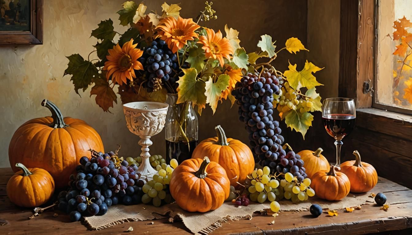 Impressionistic Still Life with Pumpkins and Grapes