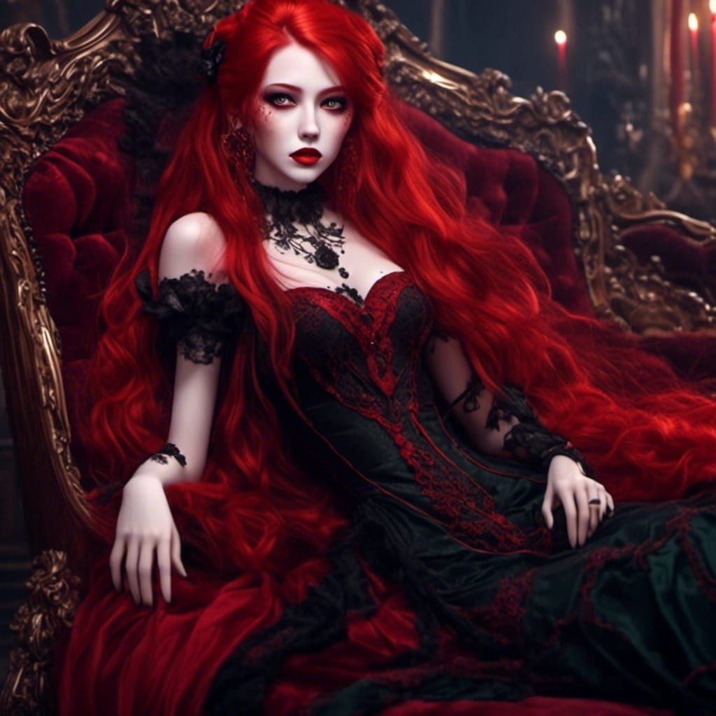 Gothic Vampire Lounging in Red and Black