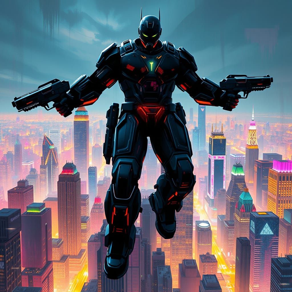 Cyberpunk Guardian Rises Above the City