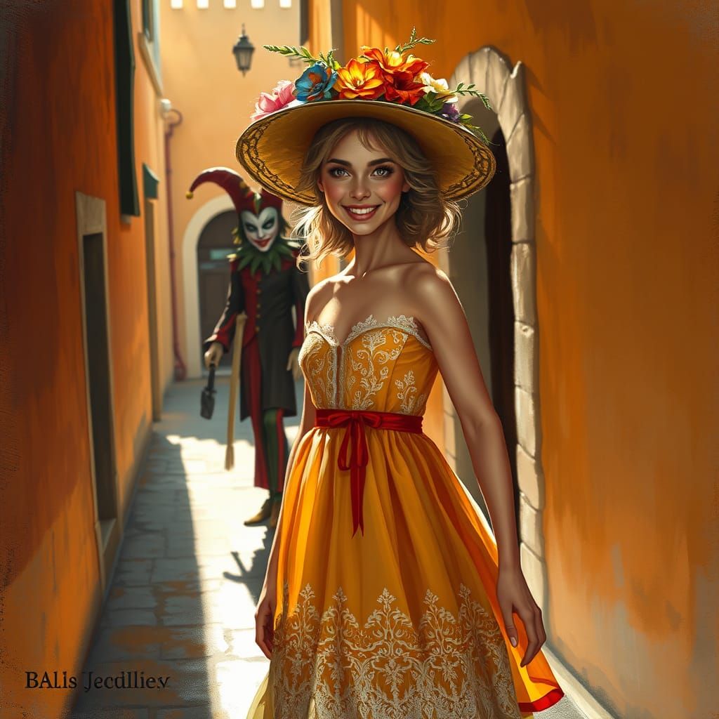 Vibrant Lady in Sunlit Alleyway, Haunted by Sinister Jester
