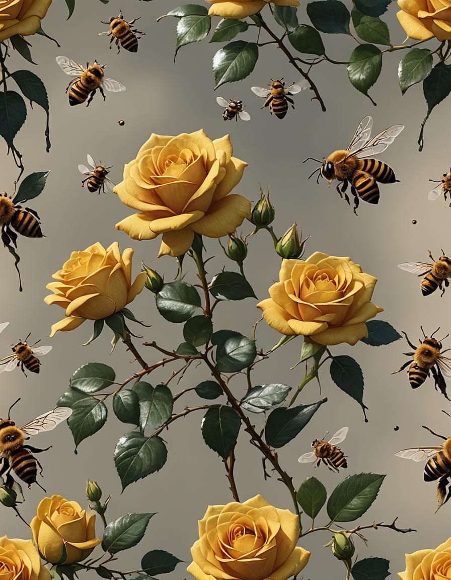 Yellow Rose with Honey Bee in Detailed Matte Painting
