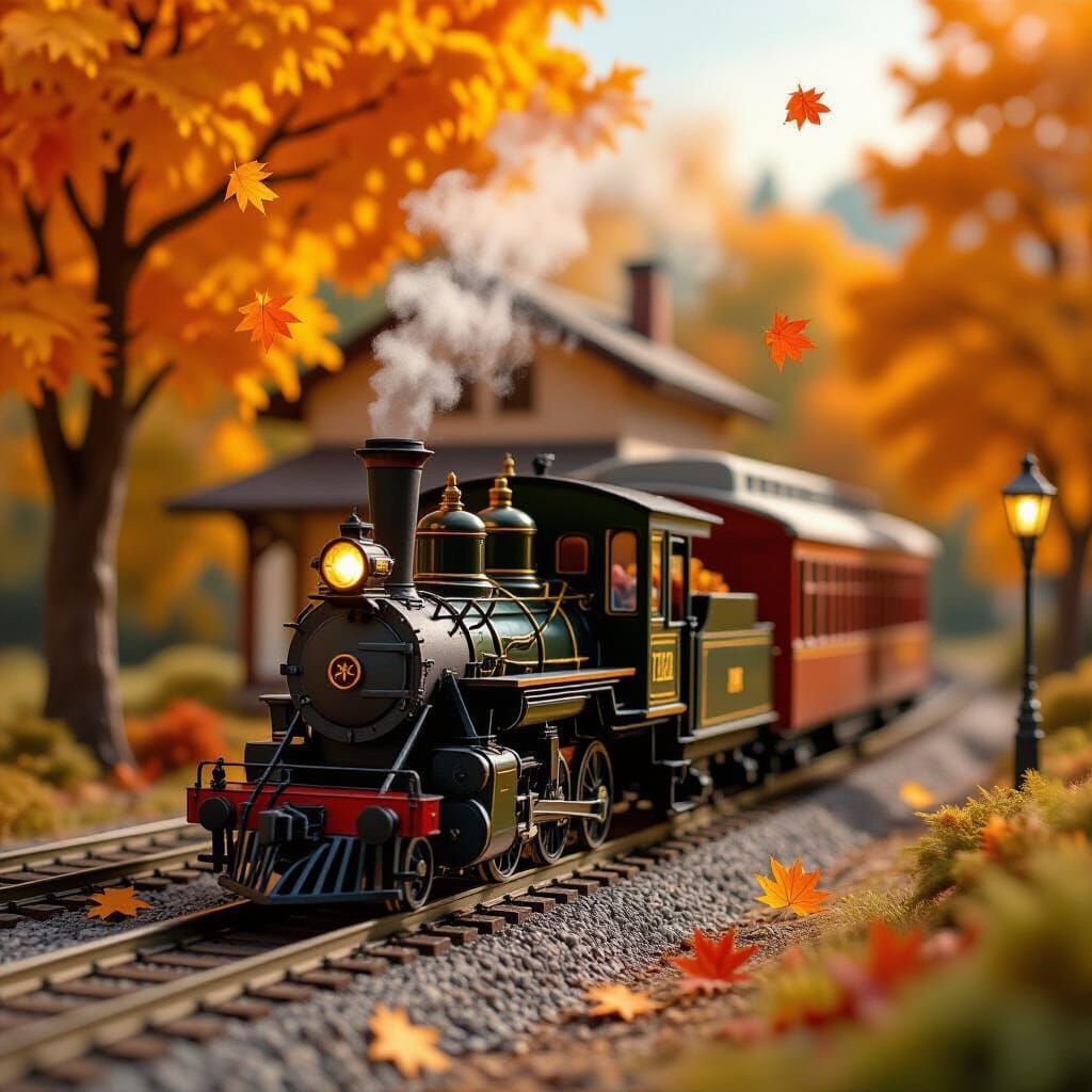 Tiny Wooden Train Station in Autumn Oil Painting Style