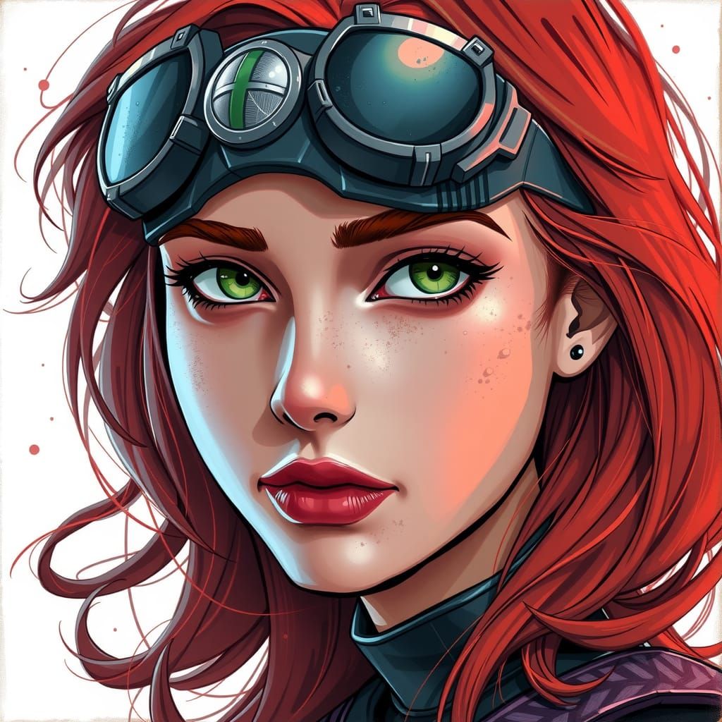 Gwen Tennyson at age 20, red hair, green eyes, in the art style of jim lee