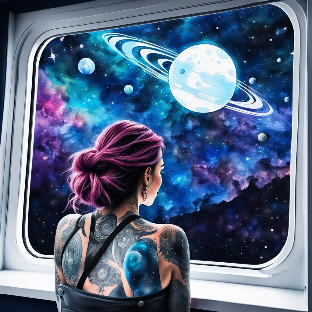 Girl Gazing at Stars from Spaceship Window in Watercolor