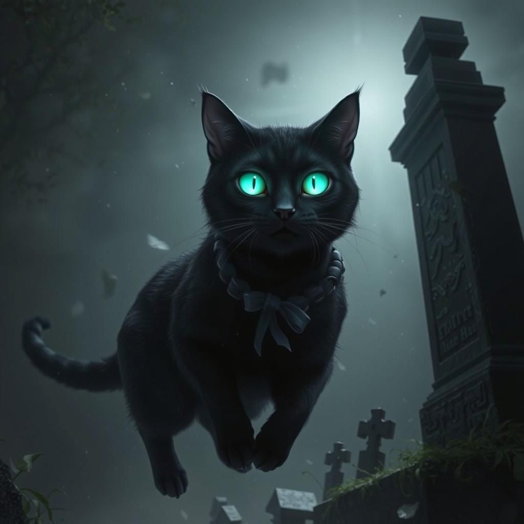 Ghostly Black Cat Leaps from Grave: Anime 3D Art