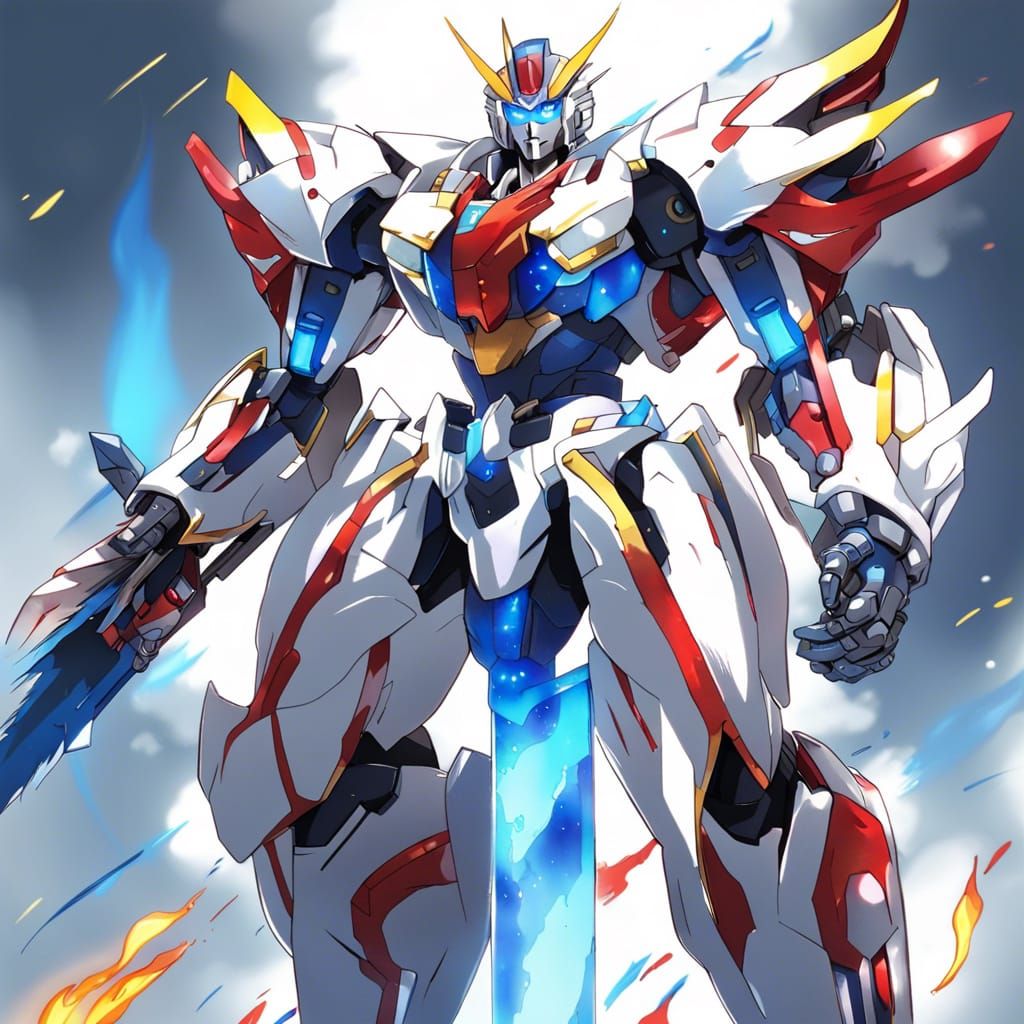 Transformer Mech with Burning Sword in Anime Style