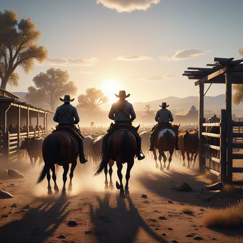 Cowboys Herding Cattle at Sunset, Photorealistic Concept Art