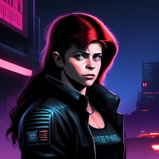 Linda Hamilton in Cyberpunk Style with Knight Rider Car