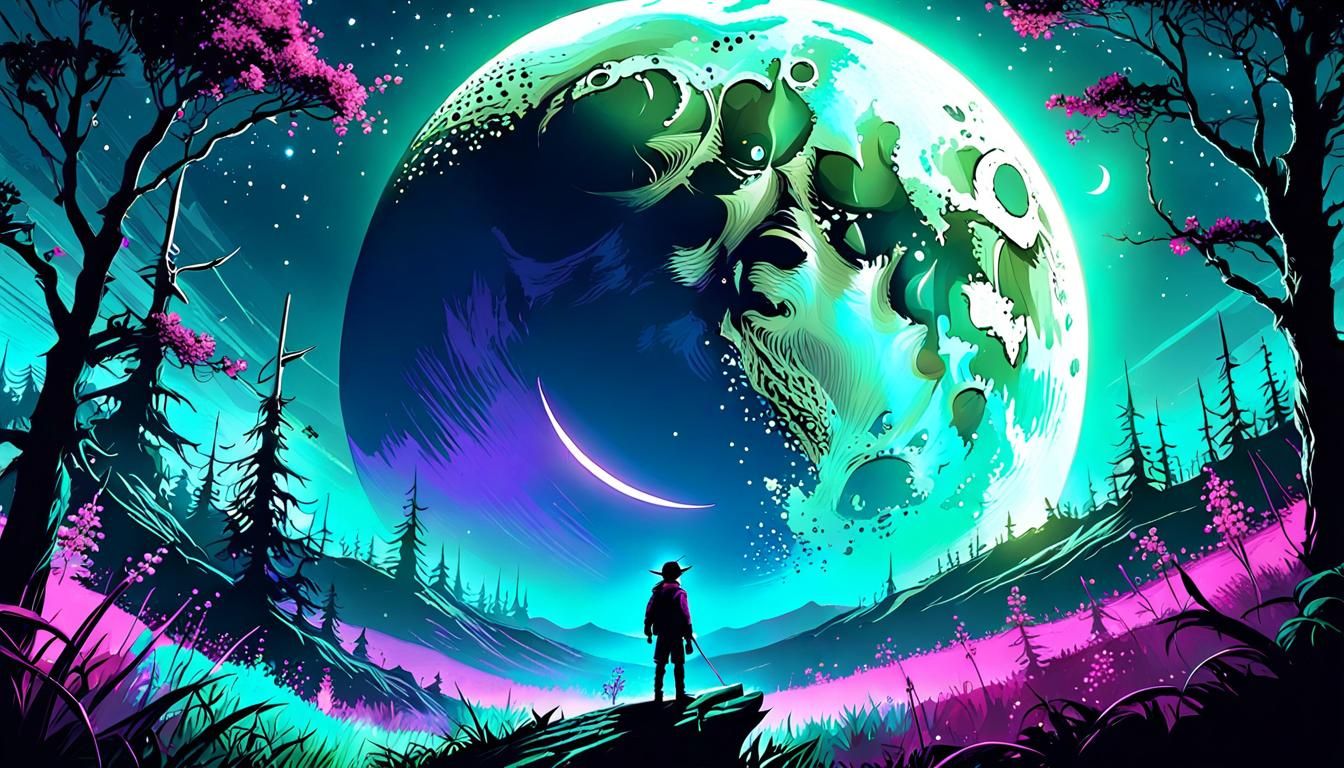 Cosmic Night: Bioluminescent Waterfall Under New Moon