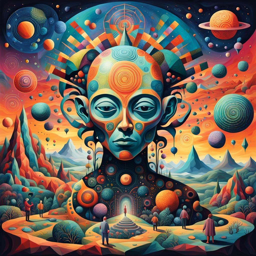A scene from a fantasy world full of geometric shapes, brigh...