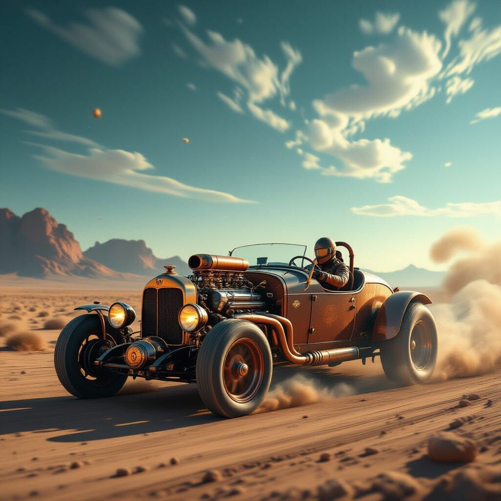 Steampunk Sports Car Racing Across Alien Planet