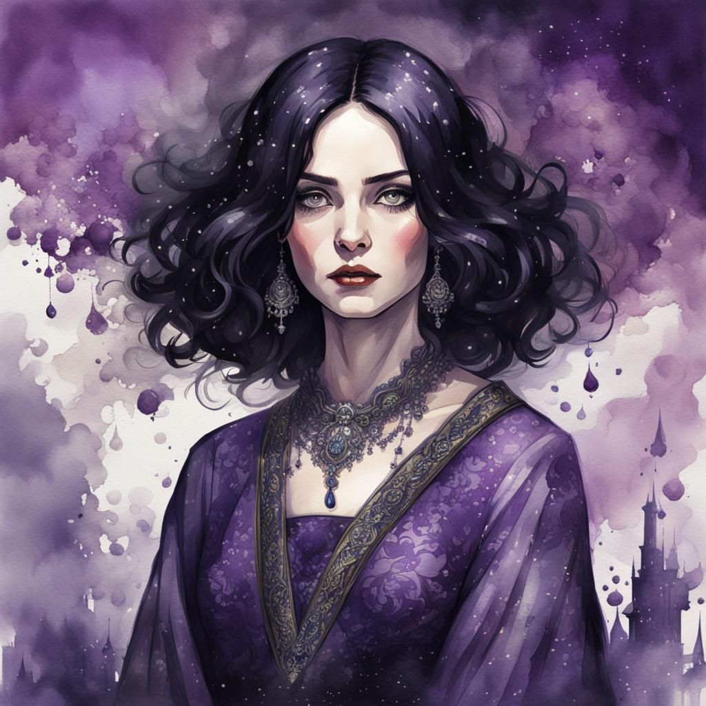 Gothic Woman in Purple Robe: Watercolor Illustration