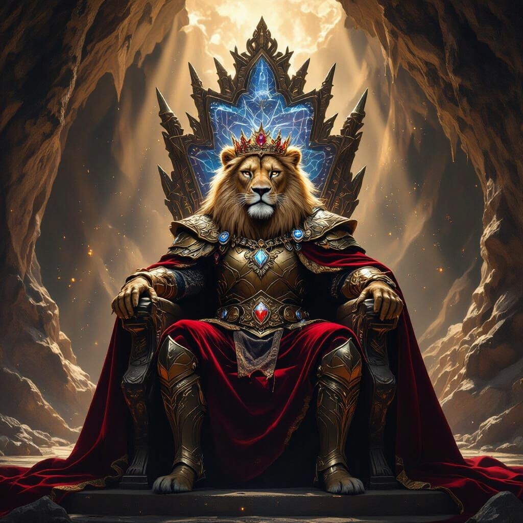 Lion King on Geode Throne in Dramatic Light
