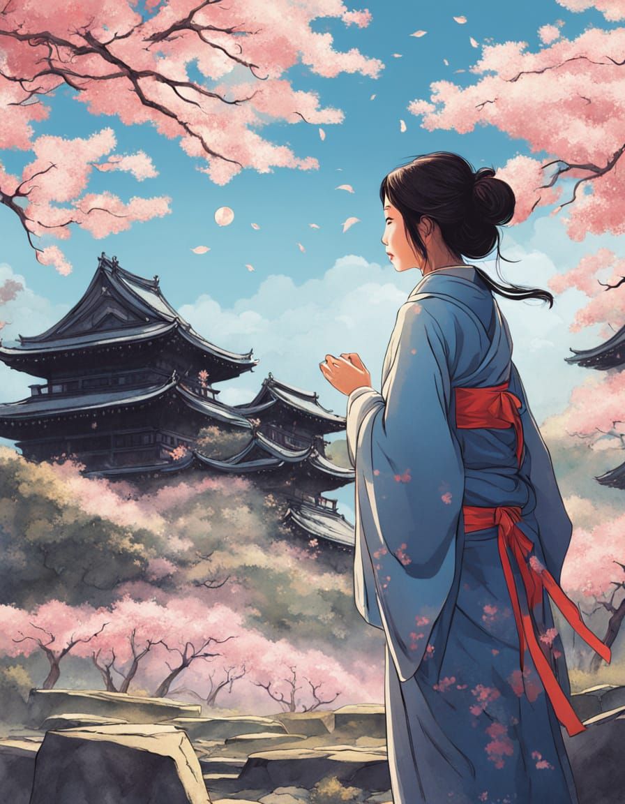 Japanese Woman in Ruins: A Cinematic Ukiyo-e Fantasy