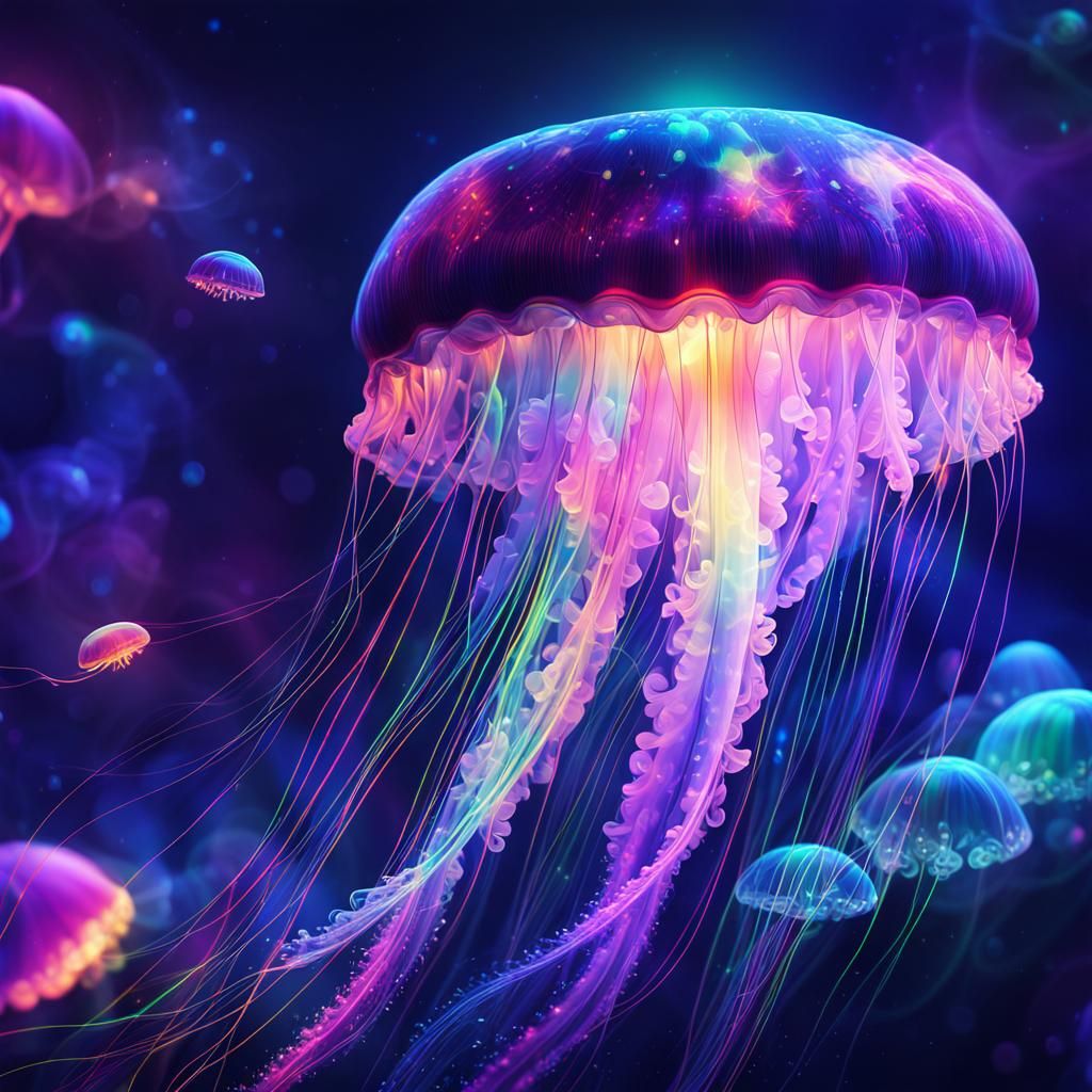 Vibrant, Glowing Jellyfish in a Rainbow Aura