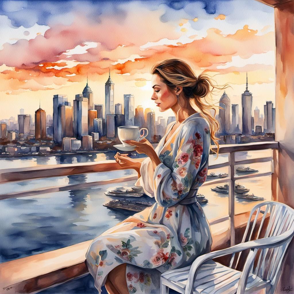 Watercolor Woman Enjoying Sunset Tea on Balcony