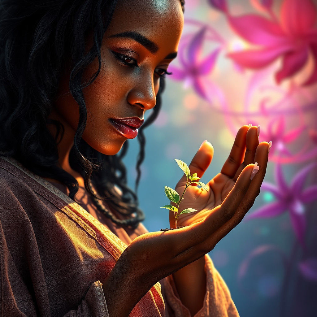 Woman Cradling Seedling in a Fantastical Landscape