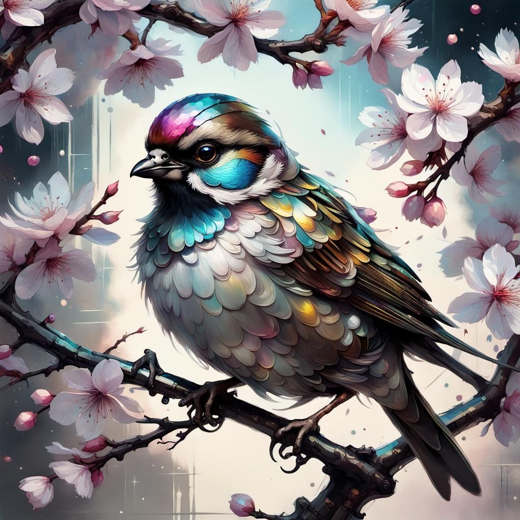 Iridescent Sparrow at Cherry Blossoms, Shimmering Oil Effect