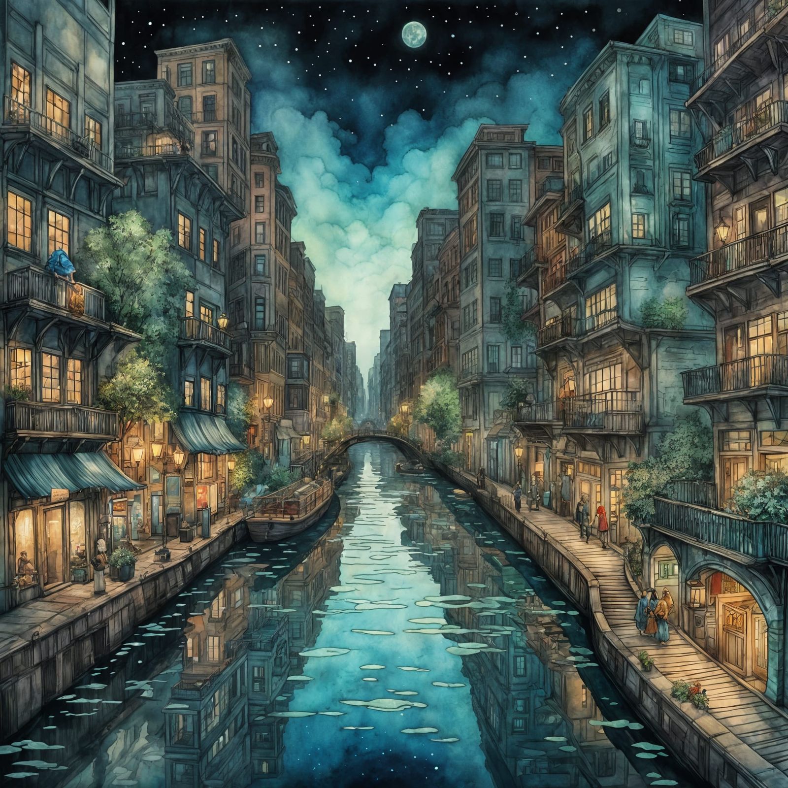 Bioluminescent Canal City in Watercolor and Ink