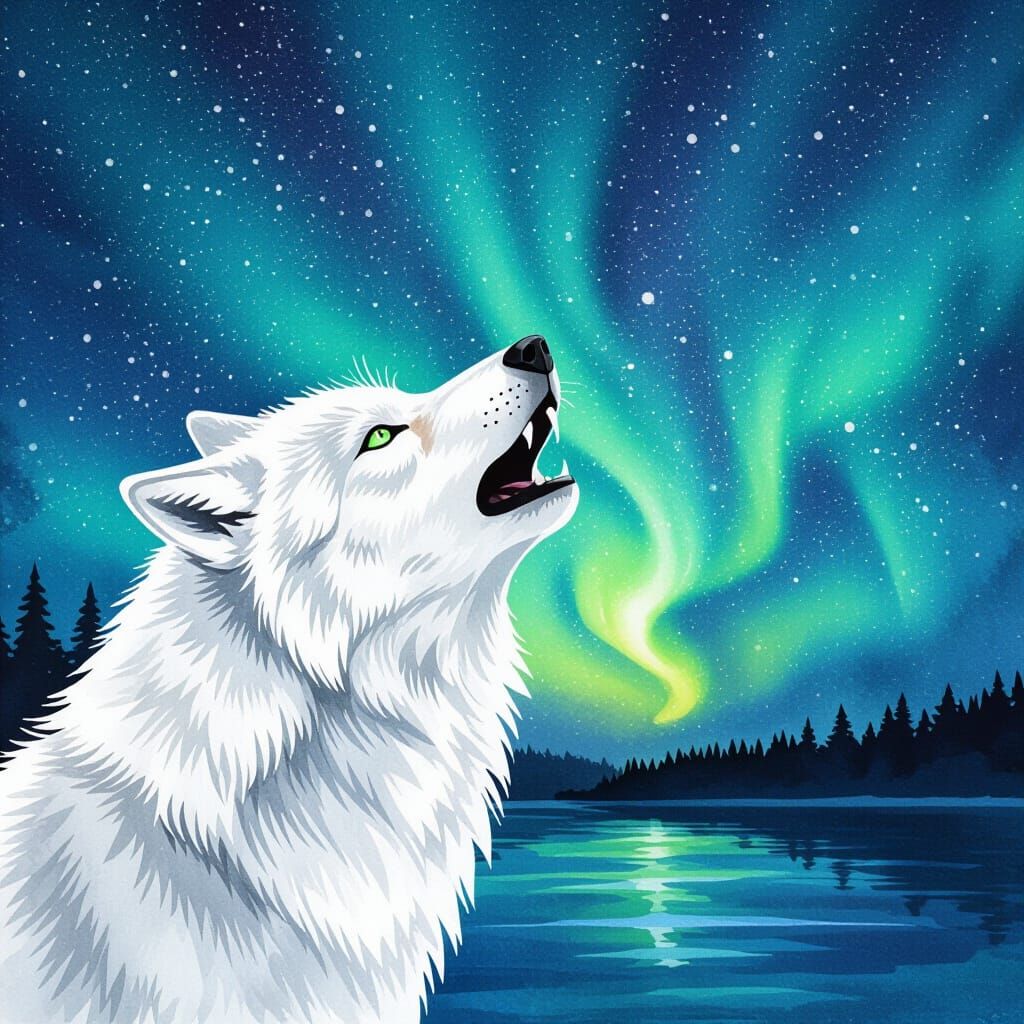 White Wolf Howling at Aurora in Watercolor Style