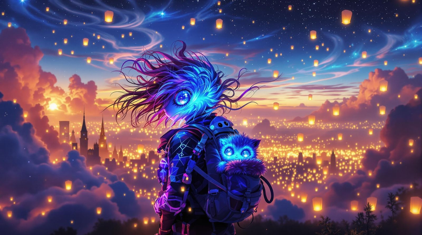 Glowing Nebula Couple with Furry Baby Backpacking Across Maj...