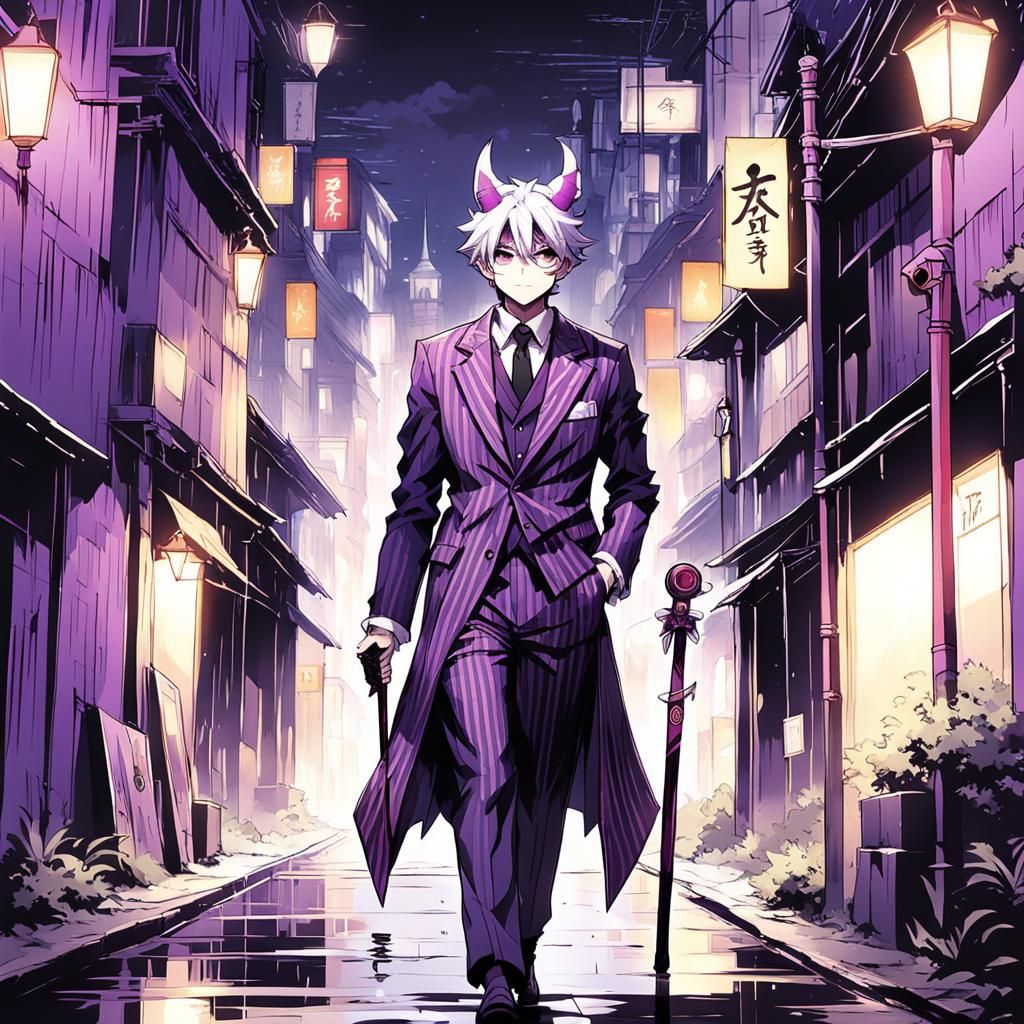 Anime Boy with Cat Ears and Horns in Alleyway