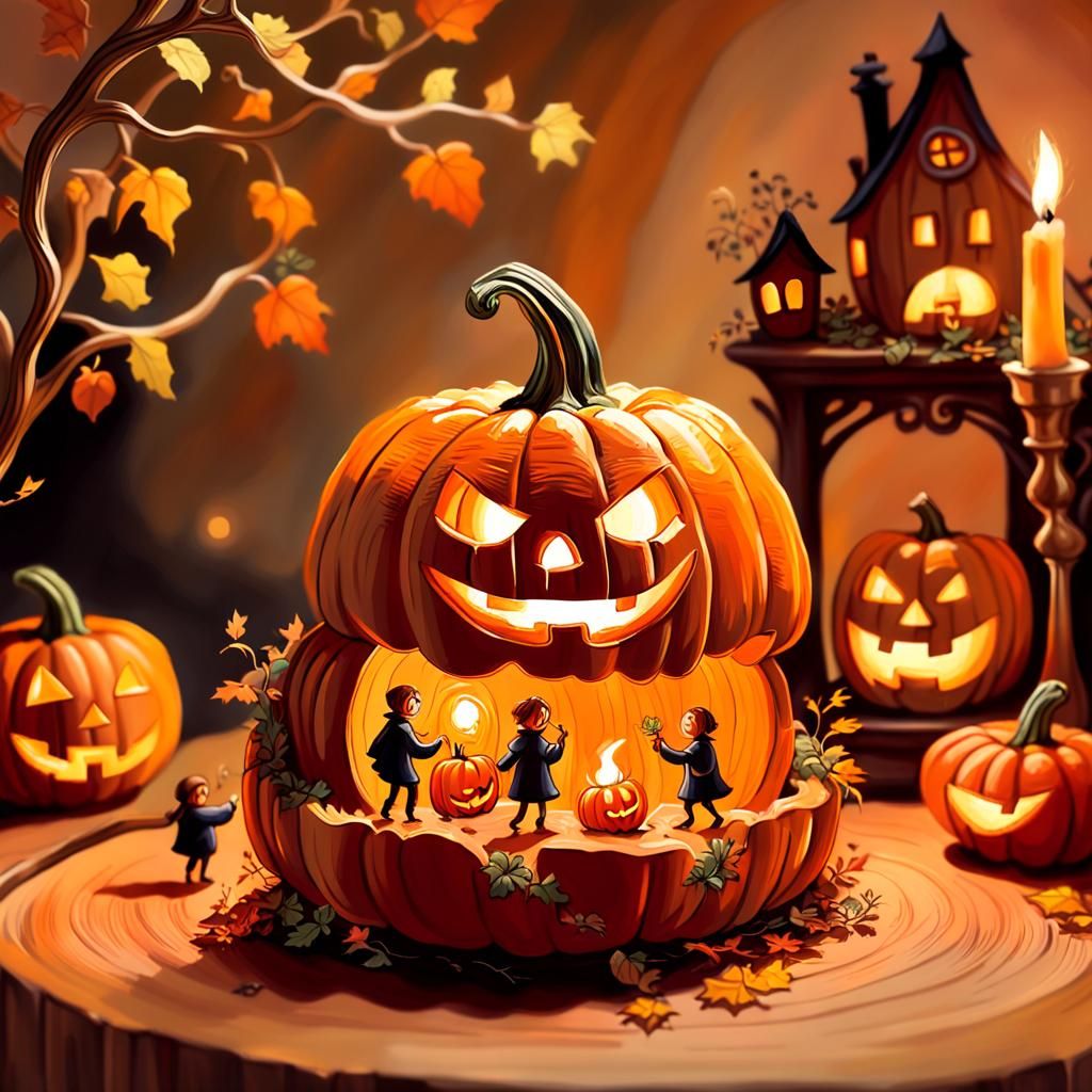 Miniature People Carving Pumpkin, Whimsical Art