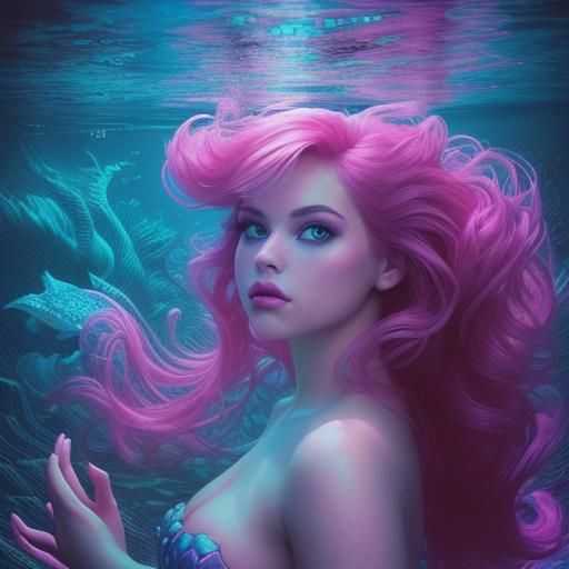 Synthwave Mermaid in Underwater City