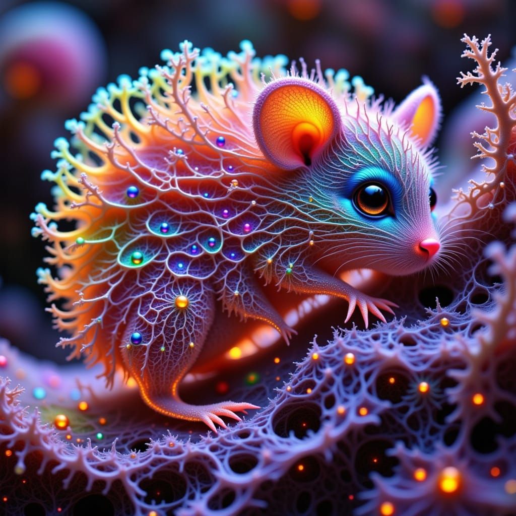 Intricate Opalescent Microscopic World: Cat Chasing Mouse