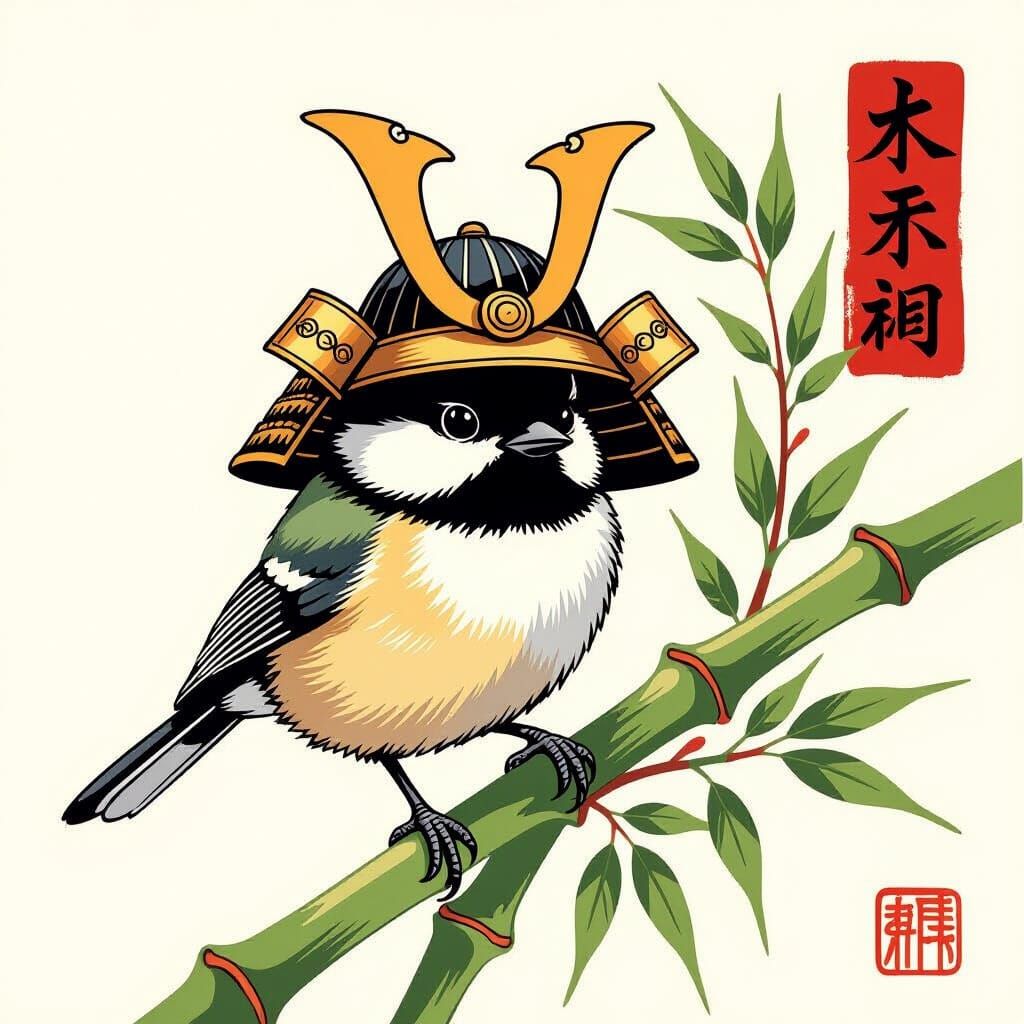 Chickadee Samurai Warrior in Ukiyo-e Style