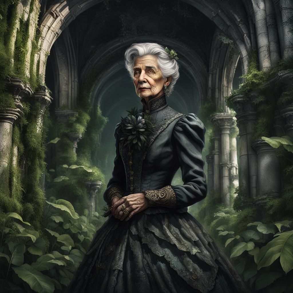 Steampunk Granny in Ruined Abbey: Hyperrealistic Portrait
