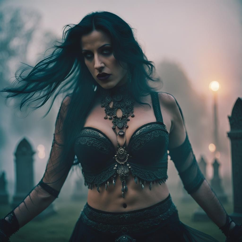promiscuous goth belly dancer with big chest wearing bra. bl...