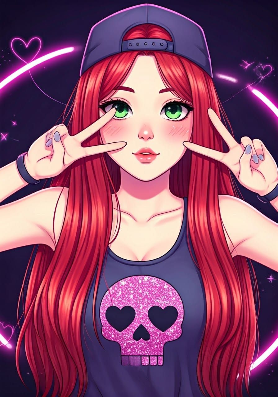 Anime Woman with Red Hair in Neon Setting
