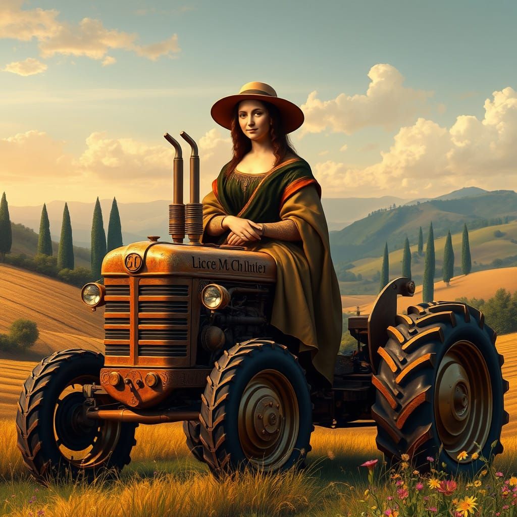 Mona Lisa Rides a Vintage Tractor in Tuscany