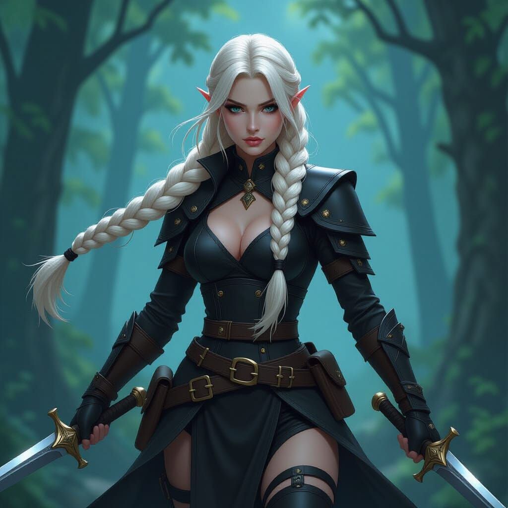 Blonde Hunter Girl with Daggers in Dark Forest