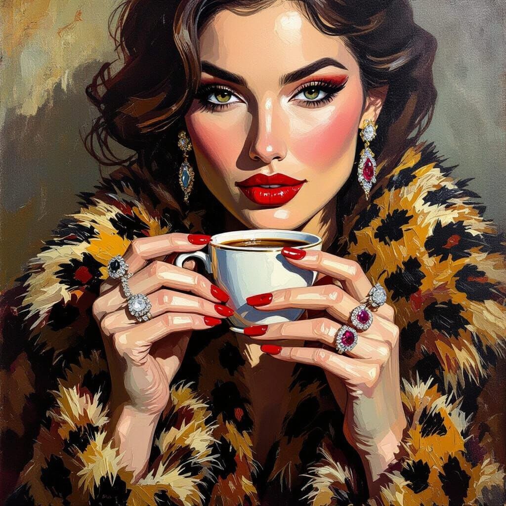 Woman in Leopard Coat Drinks Coffee Wearing Rings