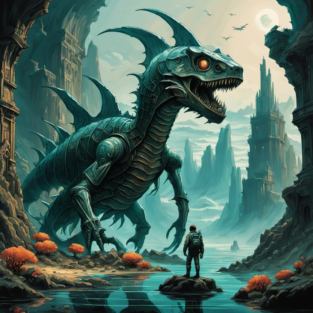 Astronaut Exploring Sunken City on Alien Planet