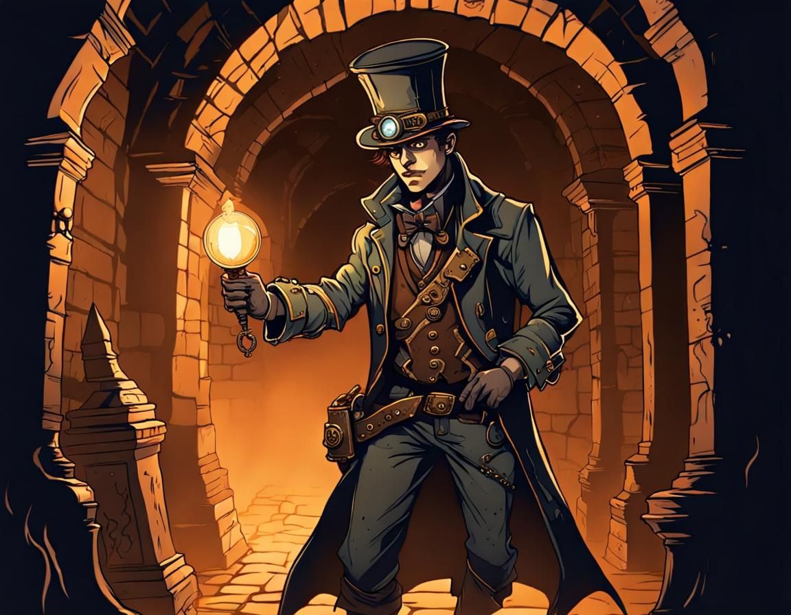 Steampunk Adventurer in Haunted Crypt by Torchlight