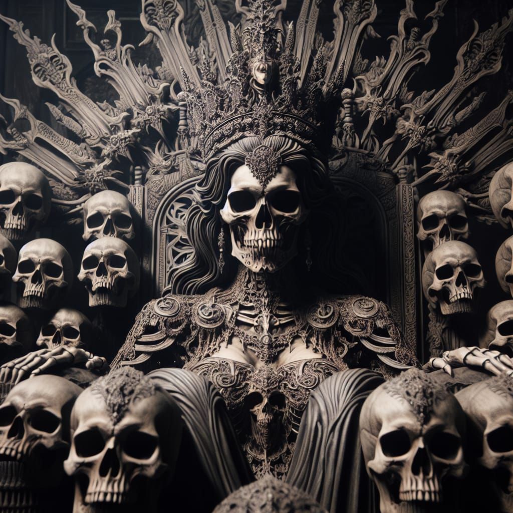 a hyper detailed skull queen sitting on her throne of skulls...